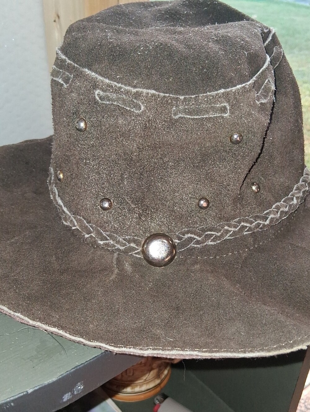 Vintage Suede Brown Women's Witchy-Style Hat with Braided Trim